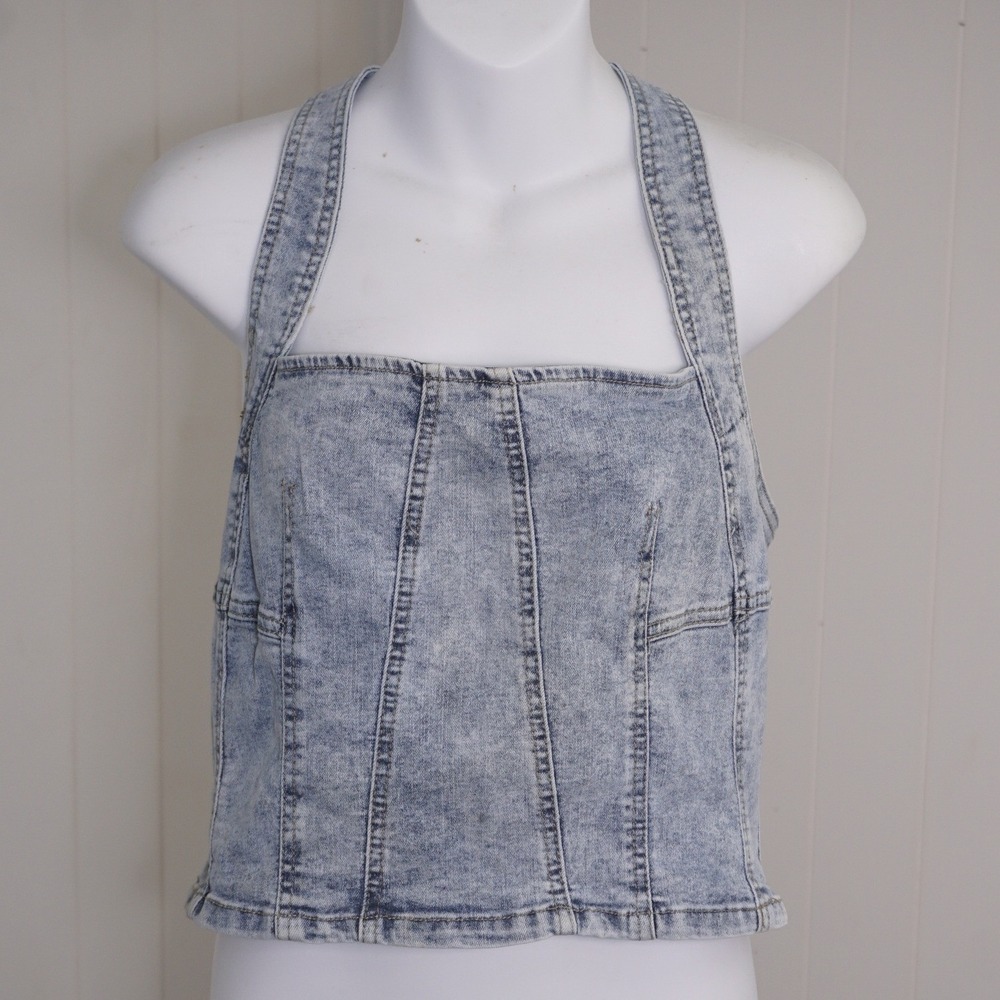 Sincerely Jules XL Denim Halter Top Acid Wash Blue Zip Back